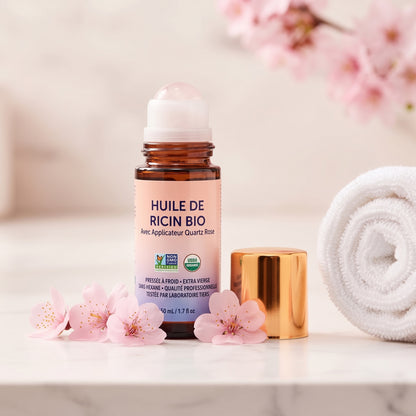 Roll-on huile de ricin bio au quartz rose, flacon de verre ambré 50 ml